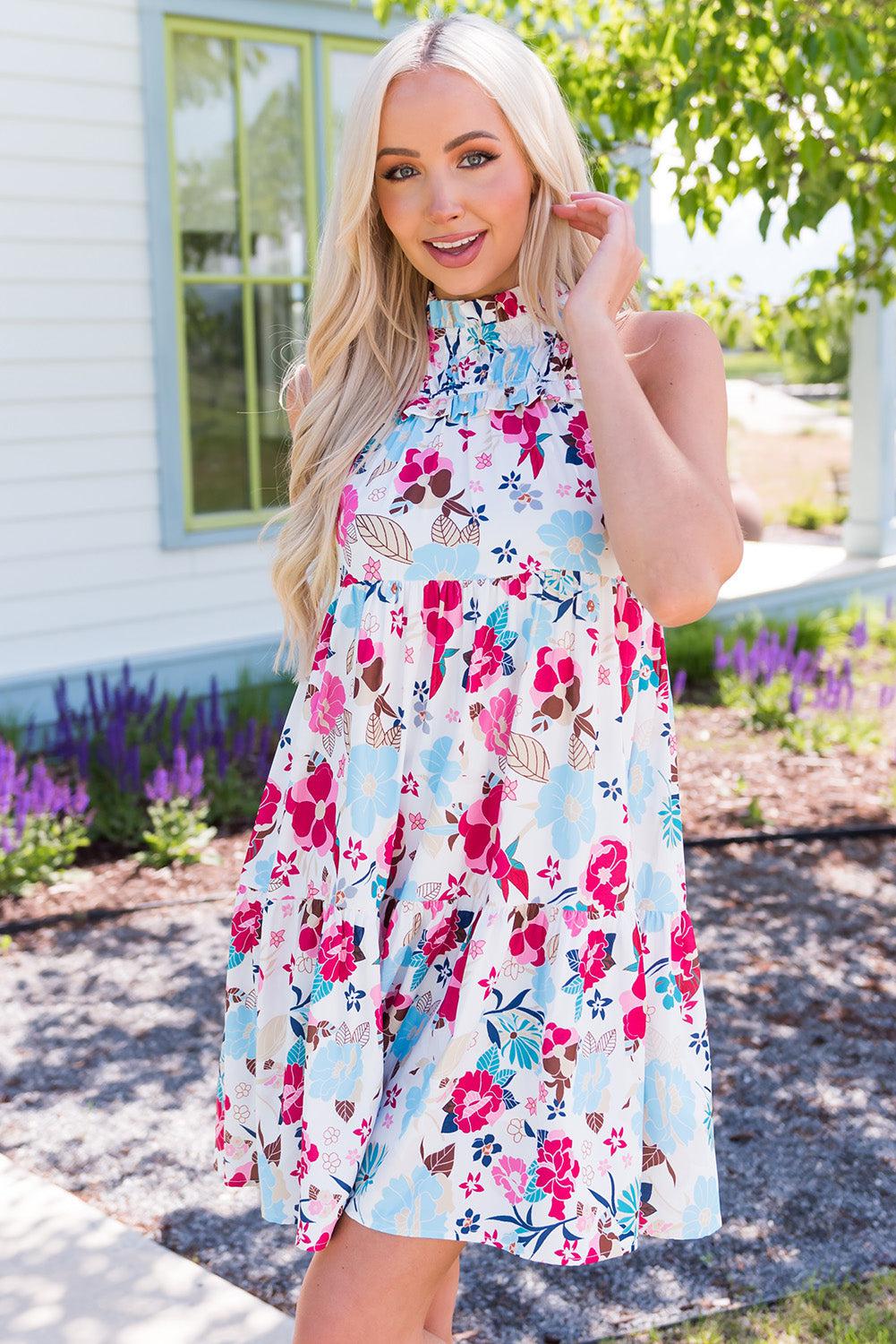 Floral Mock Neck Sleeveless Tiered Dress BLUE ZONE PLANET