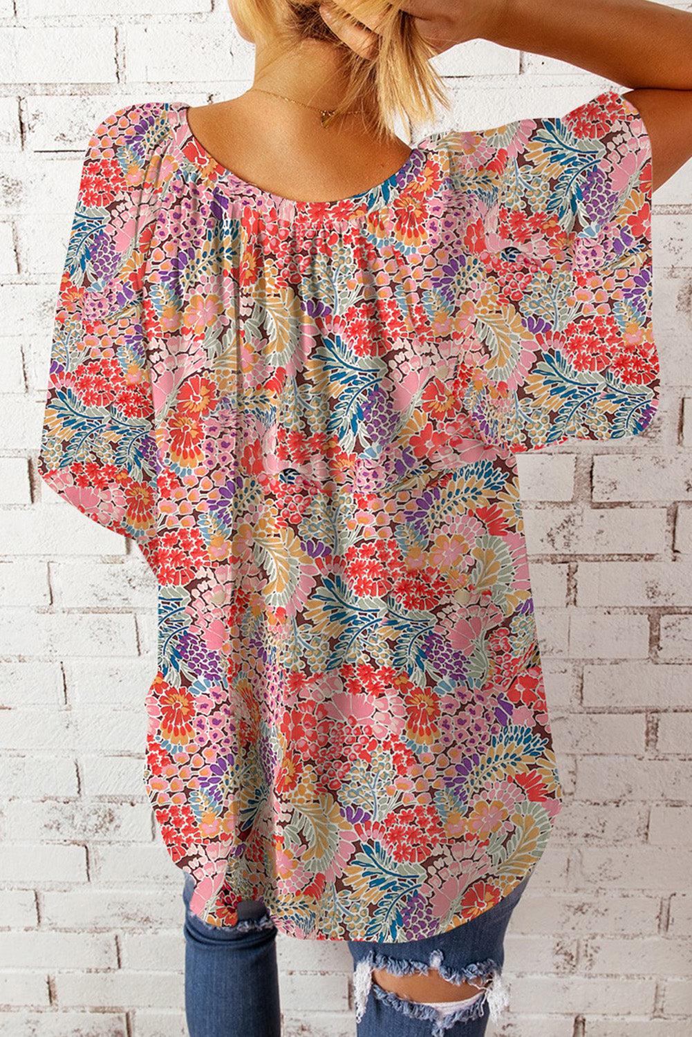 Floral Notched Neck Flutter Sleeve Blouse BLUE ZONE PLANET