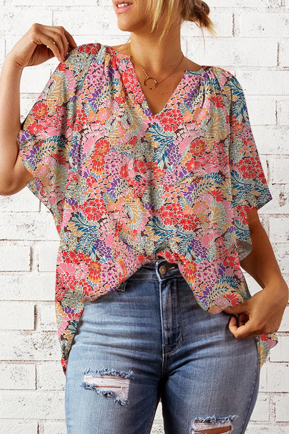 Floral Notched Neck Flutter Sleeve Blouse BLUE ZONE PLANET