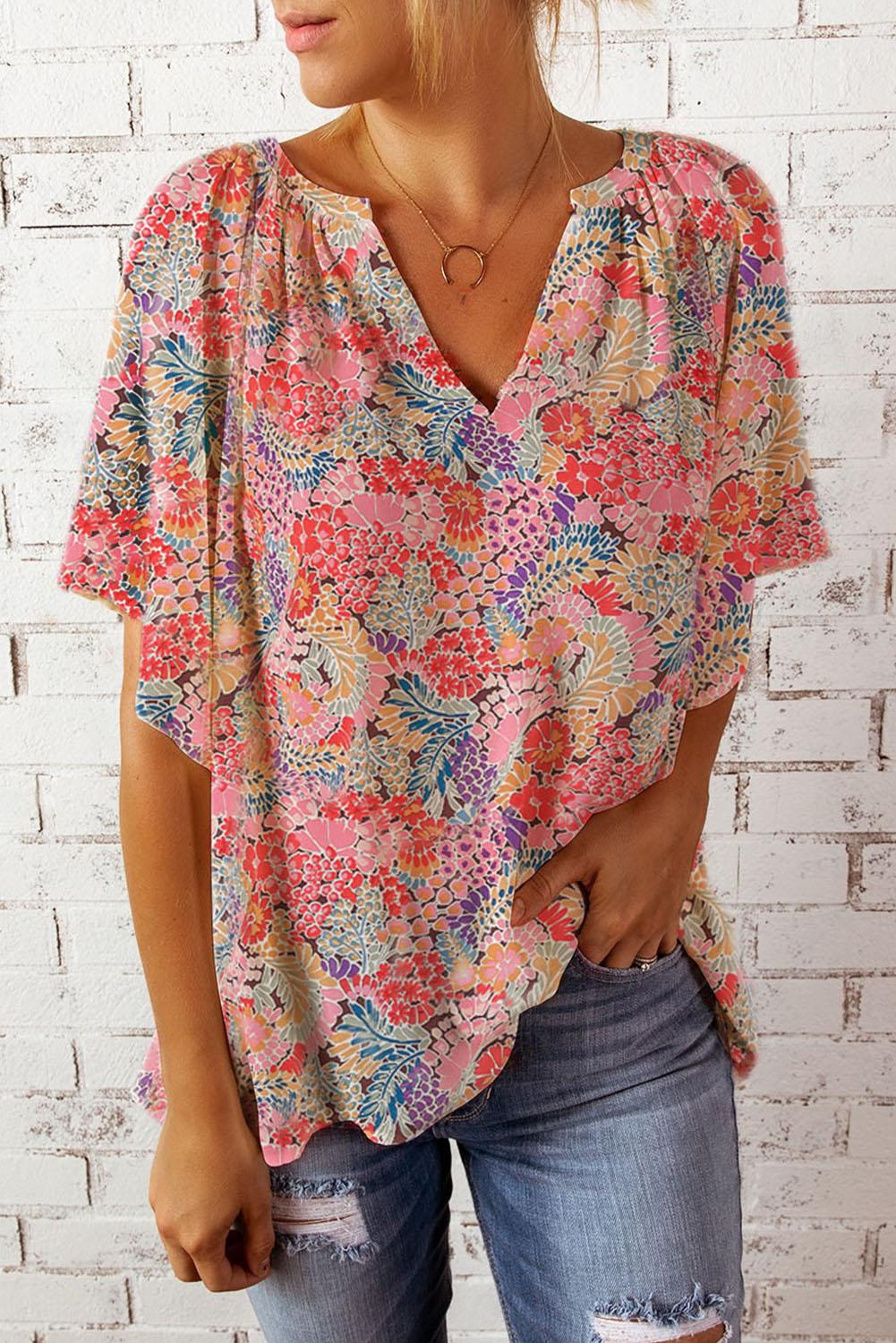 Floral Notched Neck Flutter Sleeve Blouse BLUE ZONE PLANET