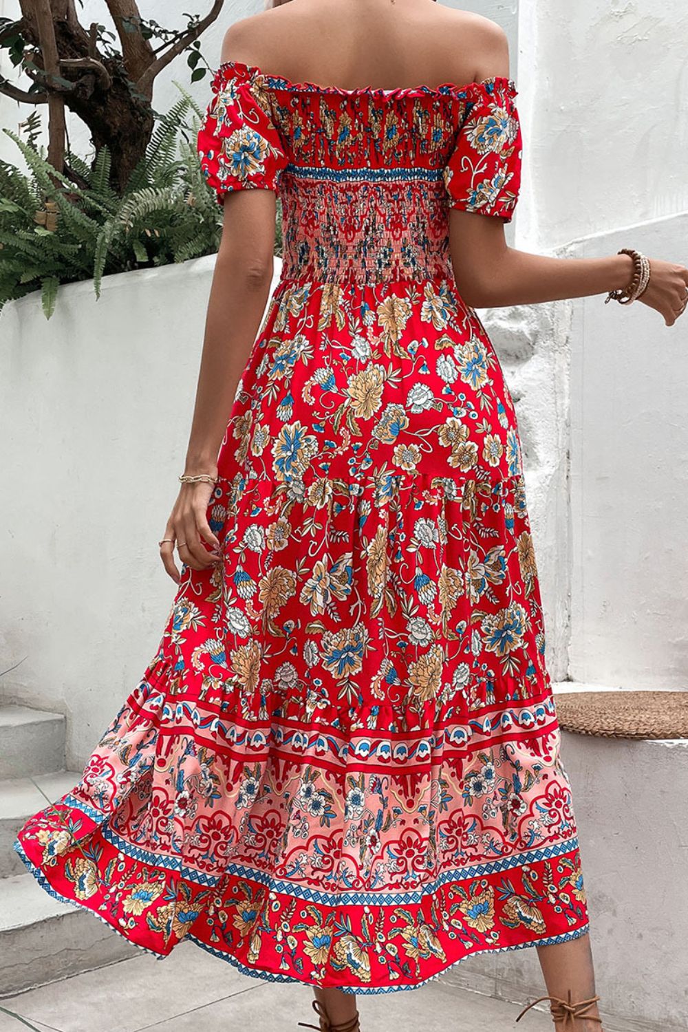 Floral Off-Shoulder Smocked Midi Dress BLUE ZONE PLANET