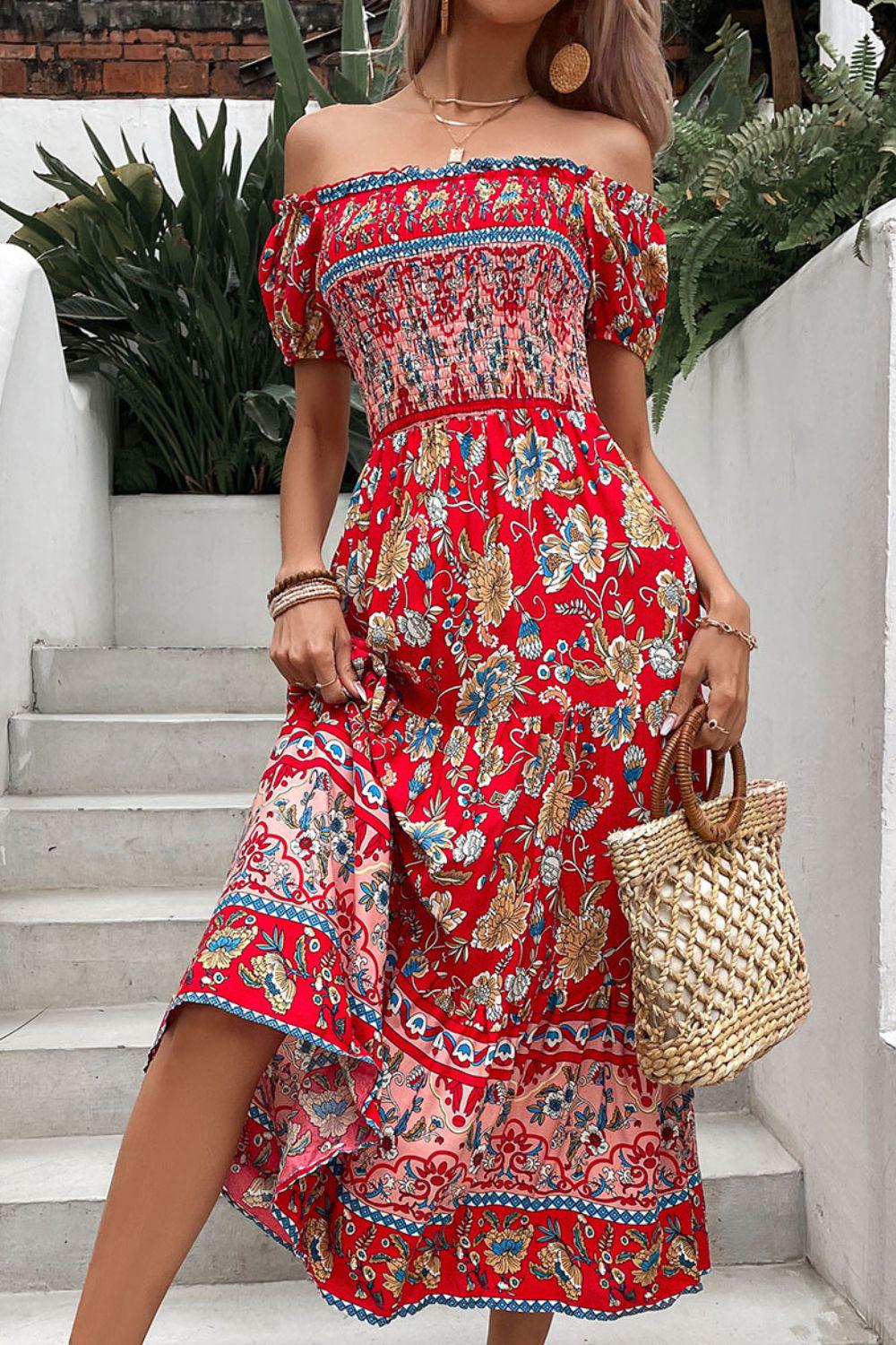 Floral Off-Shoulder Smocked Midi Dress BLUE ZONE PLANET