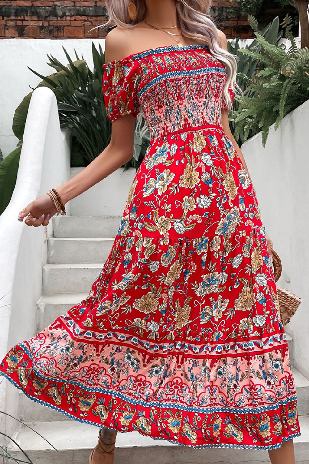 Floral Off-Shoulder Smocked Midi Dress BLUE ZONE PLANET