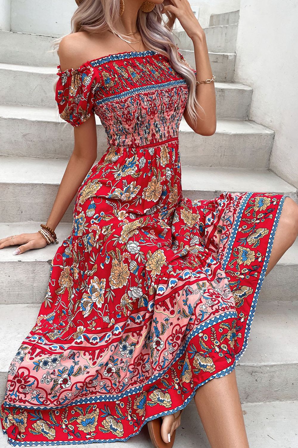 Floral Off-Shoulder Smocked Midi Dress BLUE ZONE PLANET
