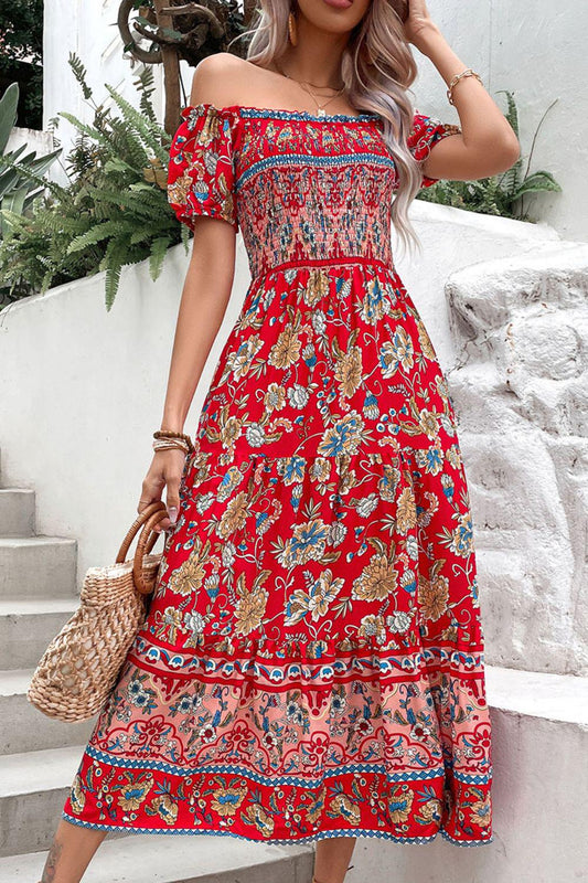 Floral Off-Shoulder Smocked Midi Dress BLUE ZONE PLANET