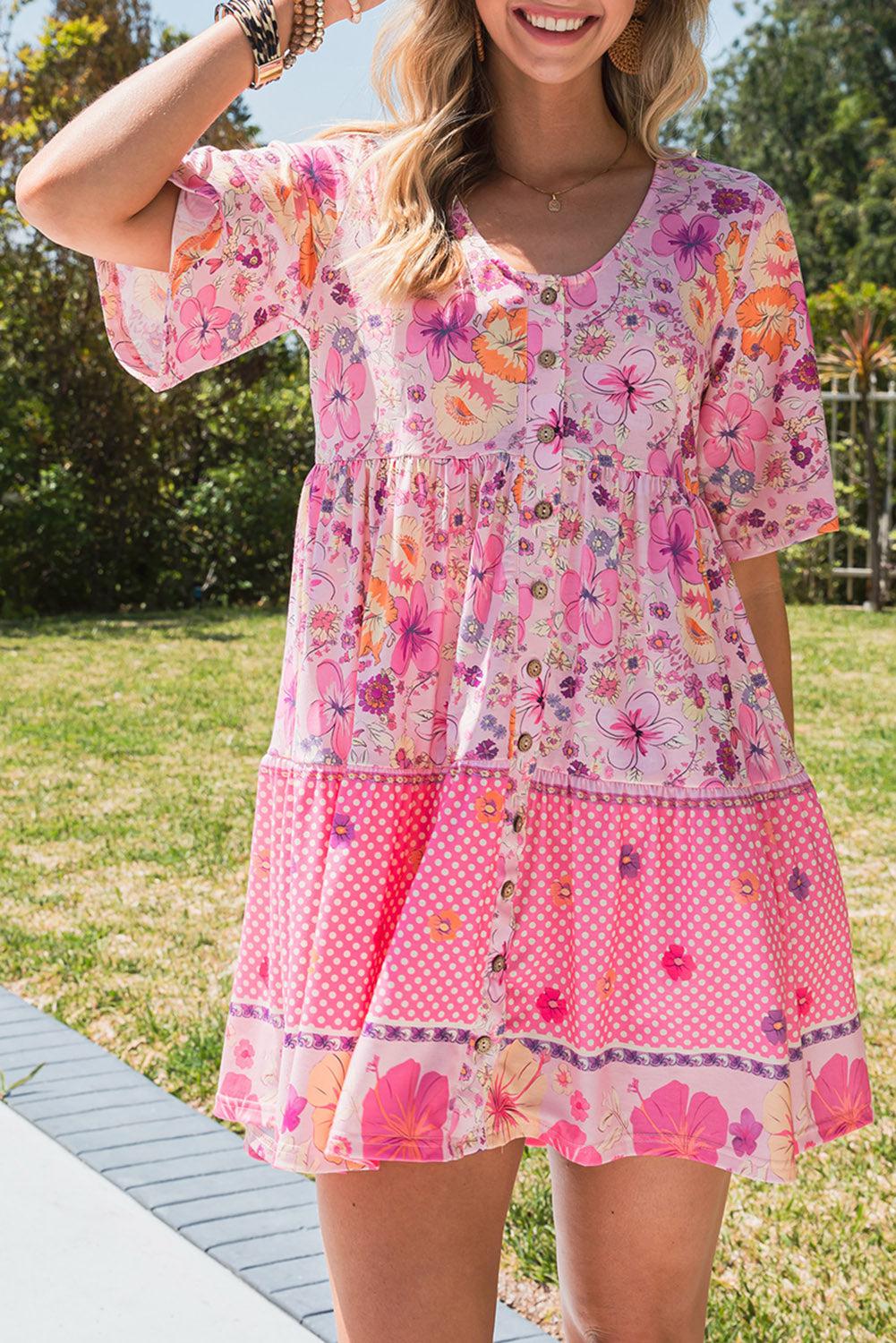 Floral Polka Dot Buttoned Mini Dress BLUE ZONE PLANET