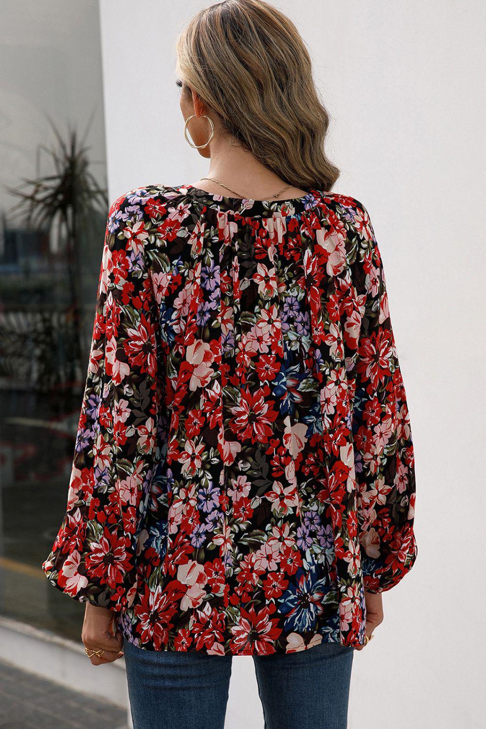 Floral Print Balloon Sleeve Ruched Blouse BLUE ZONE PLANET