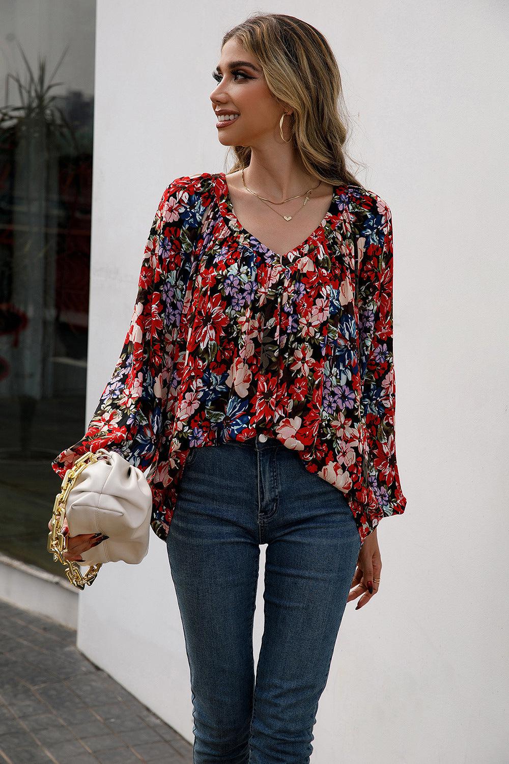Floral Print Balloon Sleeve Ruched Blouse BLUE ZONE PLANET