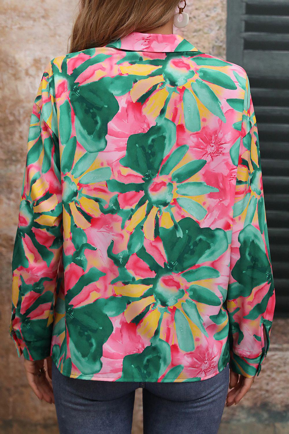 Floral Print Collared Neck Long Sleeve Shirt BLUE ZONE PLANET