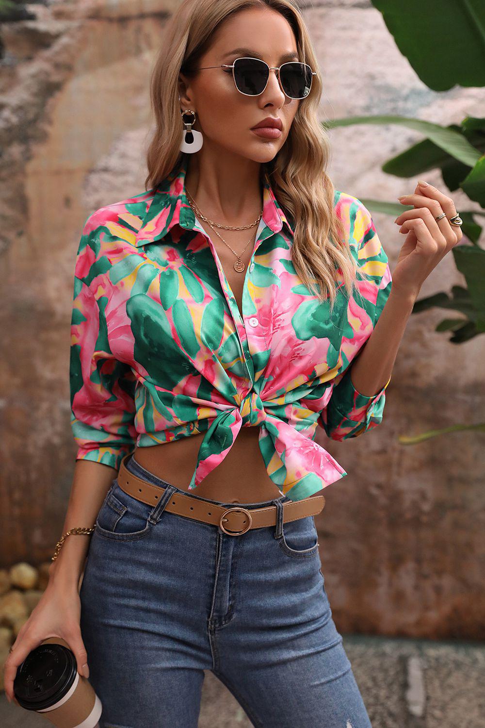 Floral Print Collared Neck Long Sleeve Shirt BLUE ZONE PLANET