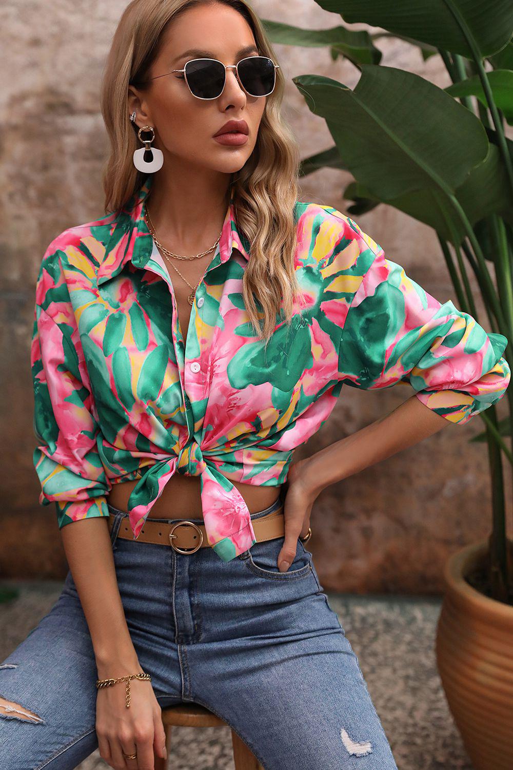 Floral Print Collared Neck Long Sleeve Shirt BLUE ZONE PLANET
