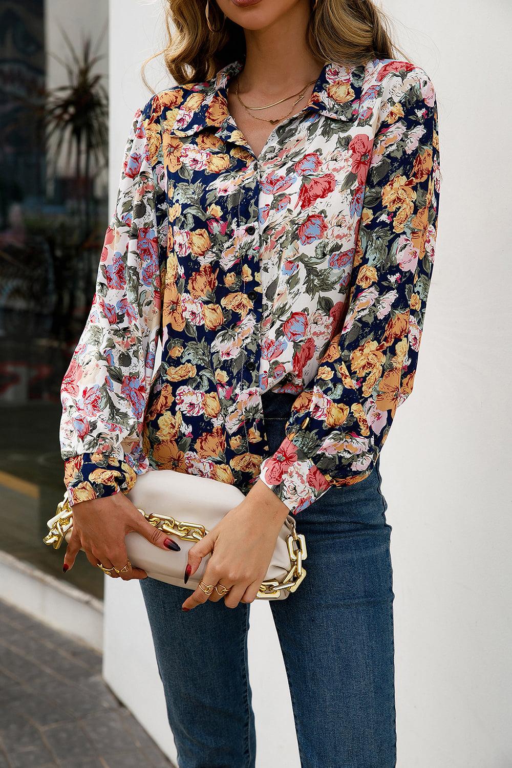 Floral Print Collared Neck Long Sleeve Shirt BLUE ZONE PLANET