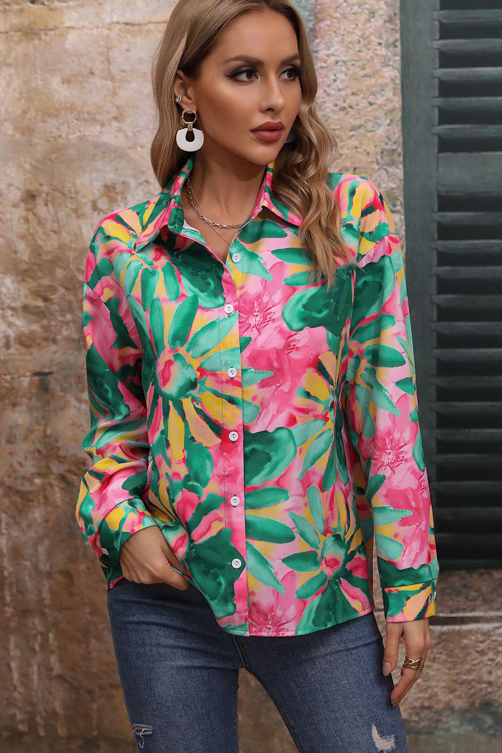 Floral Print Collared Neck Long Sleeve Shirt BLUE ZONE PLANET