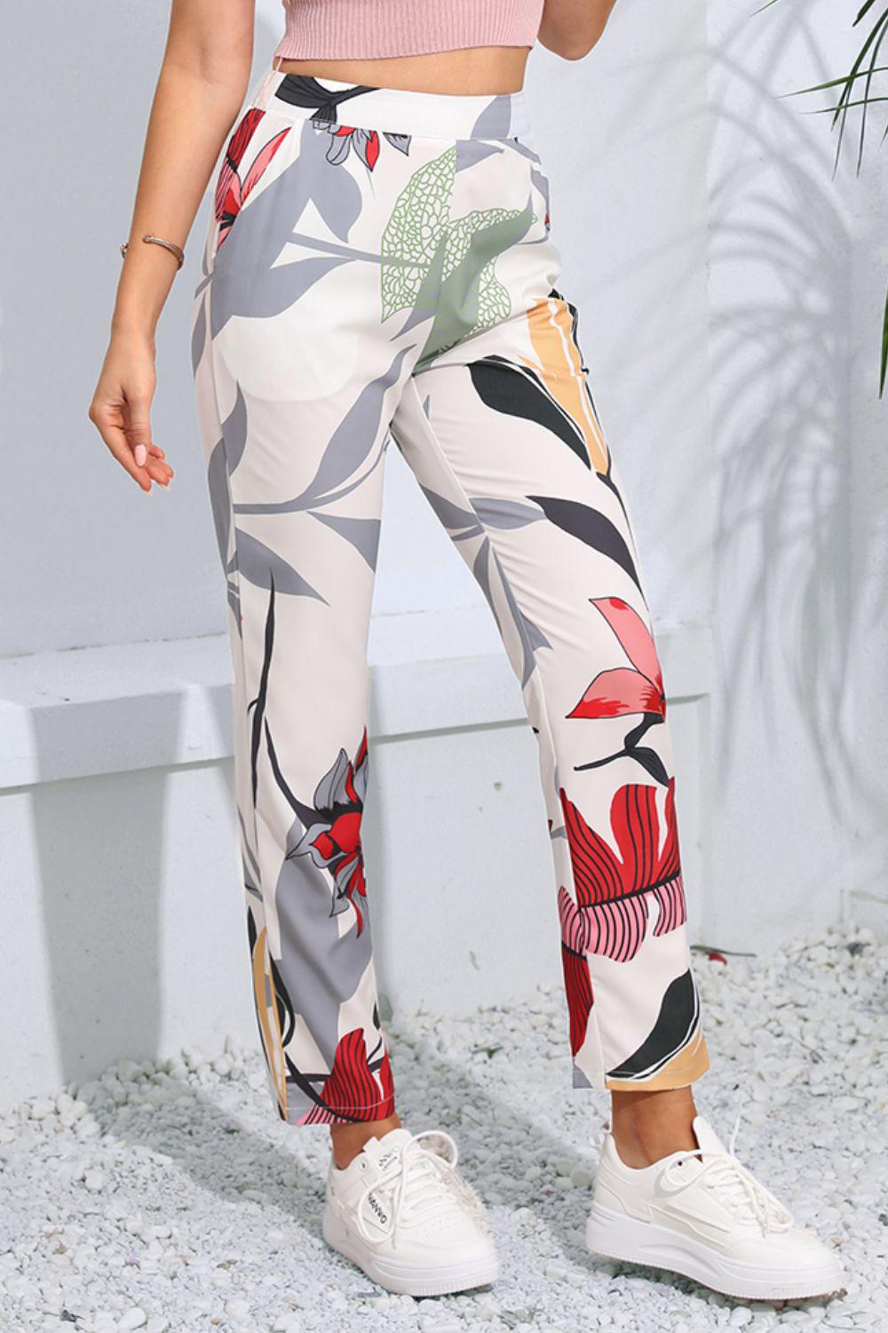 Floral Print Cropped Pants with Pockets BLUE ZONE PLANET