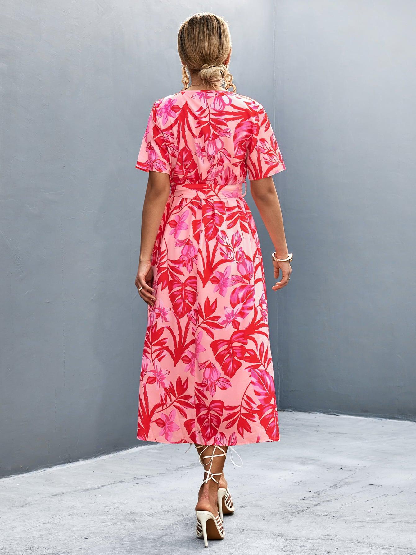 Floral Print High Slit Surplice Neck Tie Waist Midi Dress BLUE ZONE PLANET