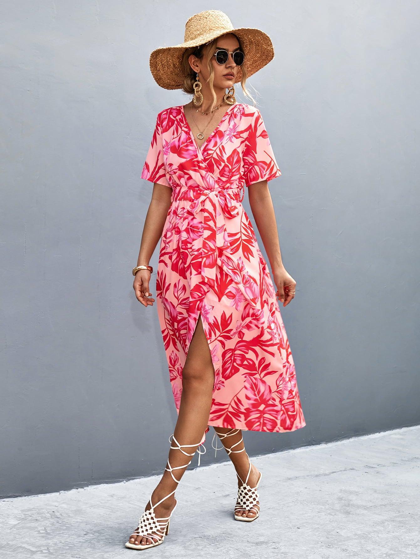Floral Print High Slit Surplice Neck Tie Waist Midi Dress BLUE ZONE PLANET