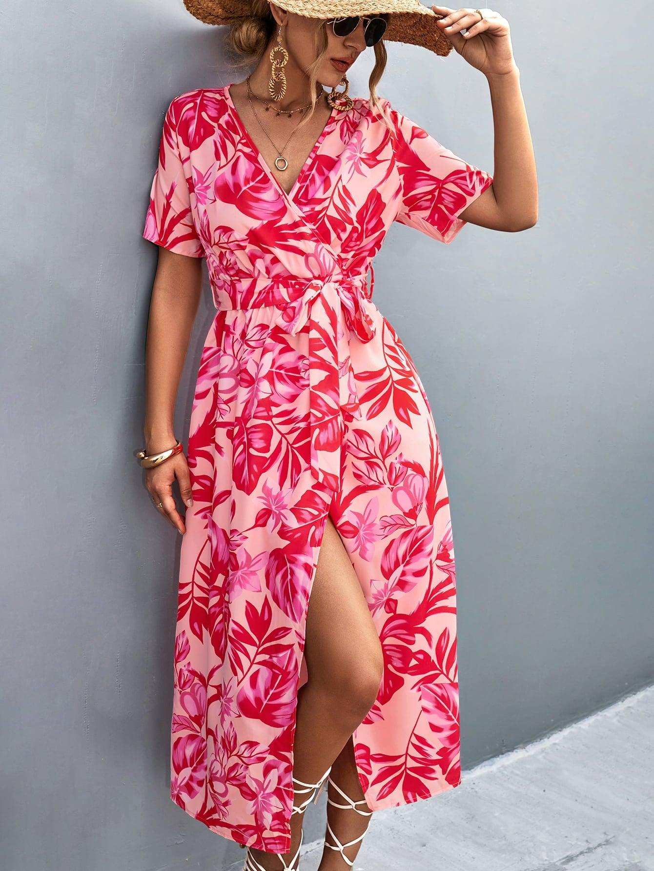 Floral Print High Slit Surplice Neck Tie Waist Midi Dress BLUE ZONE PLANET