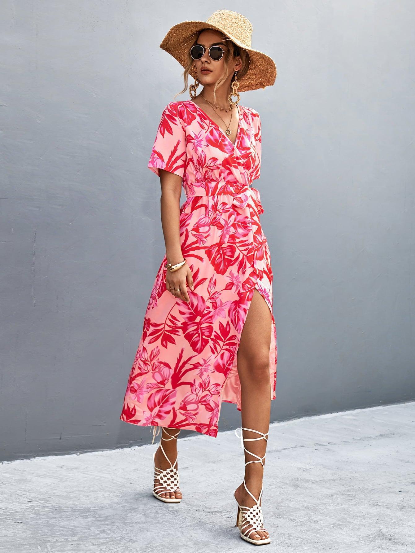 Floral Print High Slit Surplice Neck Tie Waist Midi Dress BLUE ZONE PLANET
