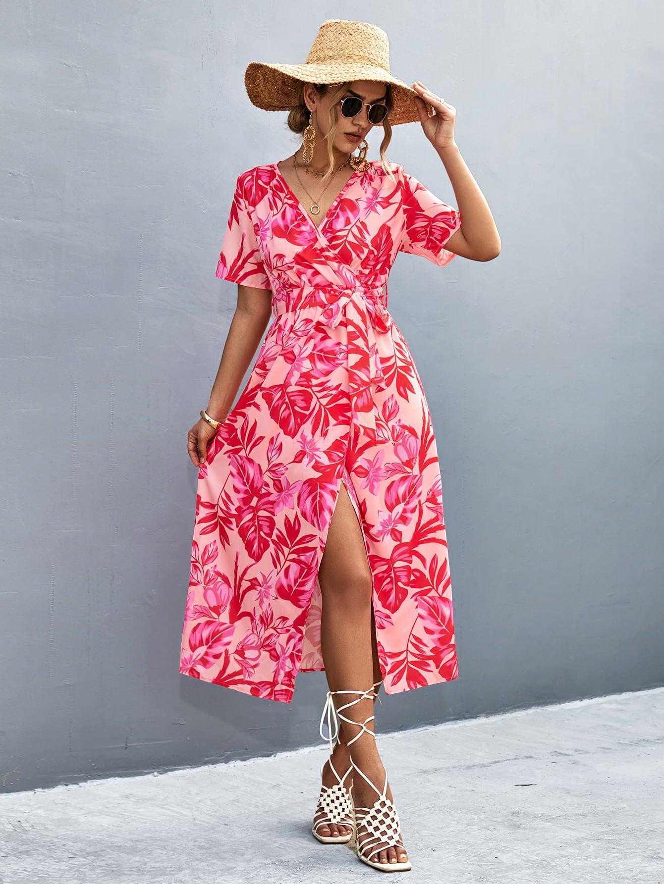 Floral Print High Slit Surplice Neck Tie Waist Midi Dress - Blue Zone Strawberry / M by Blue Zone Planet Floral Print High Slit Surplice Neck Tie Waist Midi Dress - Blue Zone Strawberry / M by Blue Zone Planet
