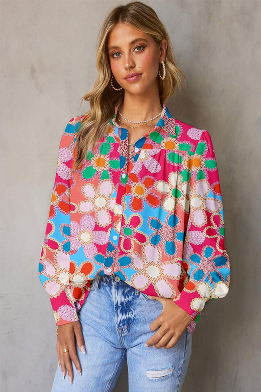 Floral Print Lantern Sleeve Collared Neck Shirt BLUE ZONE PLANET