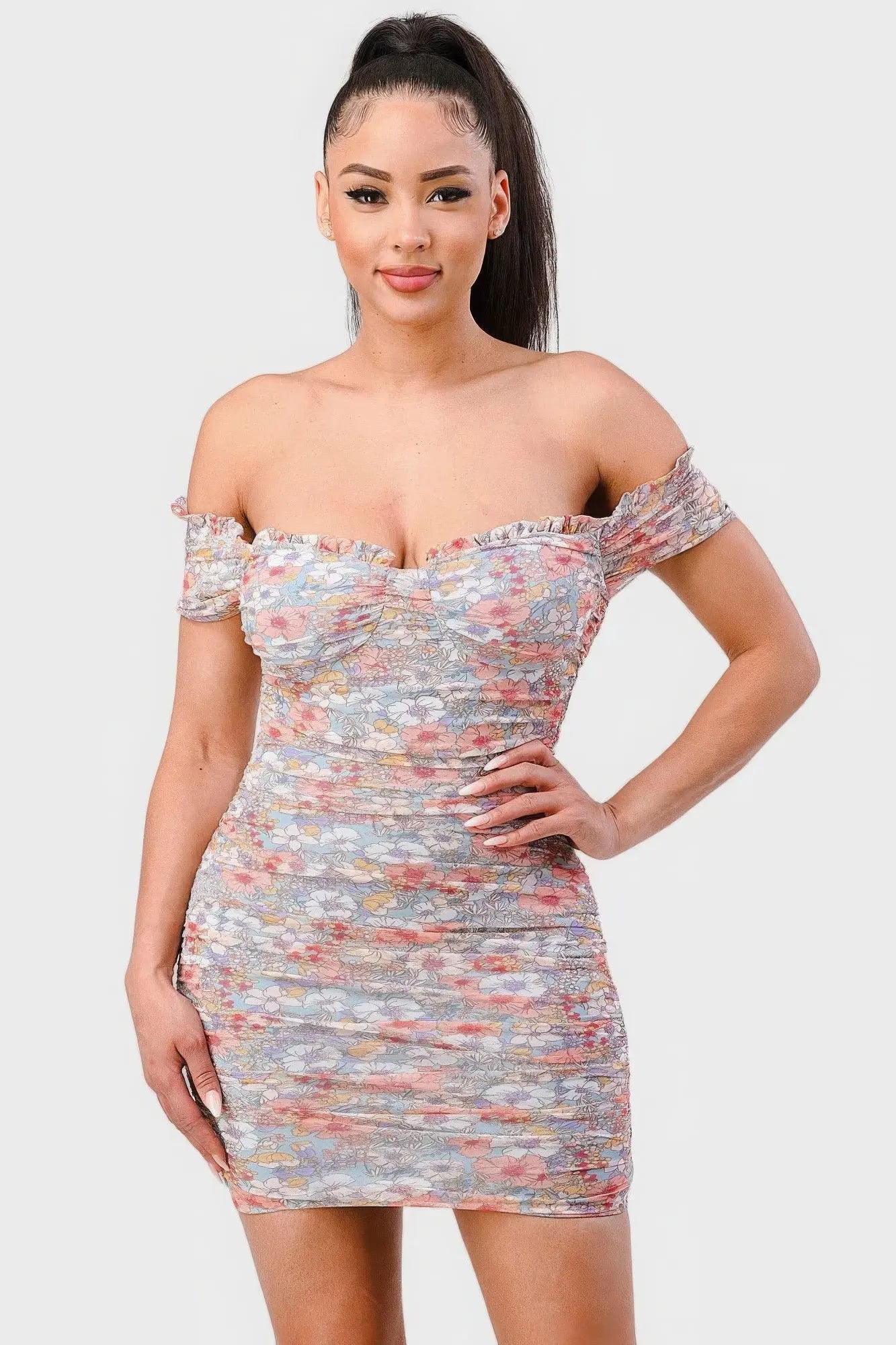 Floral Print Mesh Sweetheart Ruffled Off Shoulder Ruched Mini Dress Blue Zone Planet