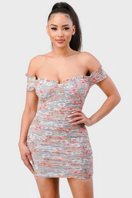 Floral Print Mesh Sweetheart Ruffled Off Shoulder Ruched Mini Dress Blue Zone Planet