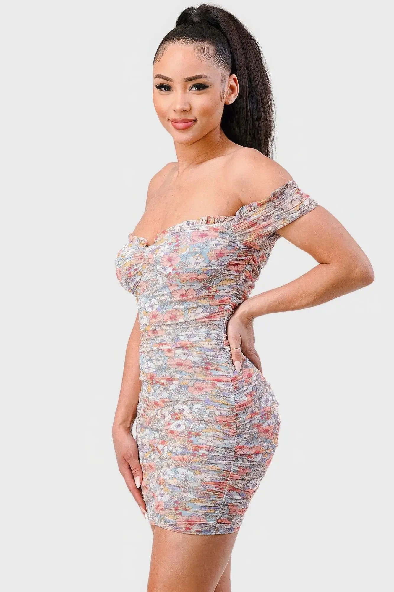 Floral Print Mesh Sweetheart Ruffled Off Shoulder Ruched Mini Dress Blue Zone Planet