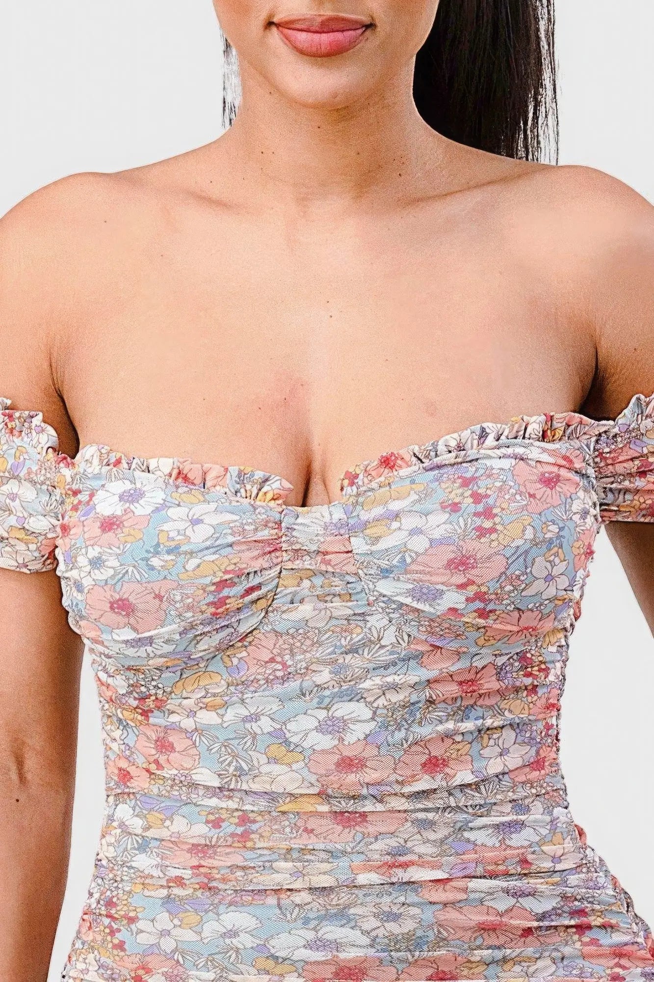 Floral Print Mesh Sweetheart Ruffled Off Shoulder Ruched Mini Dress Blue Zone Planet