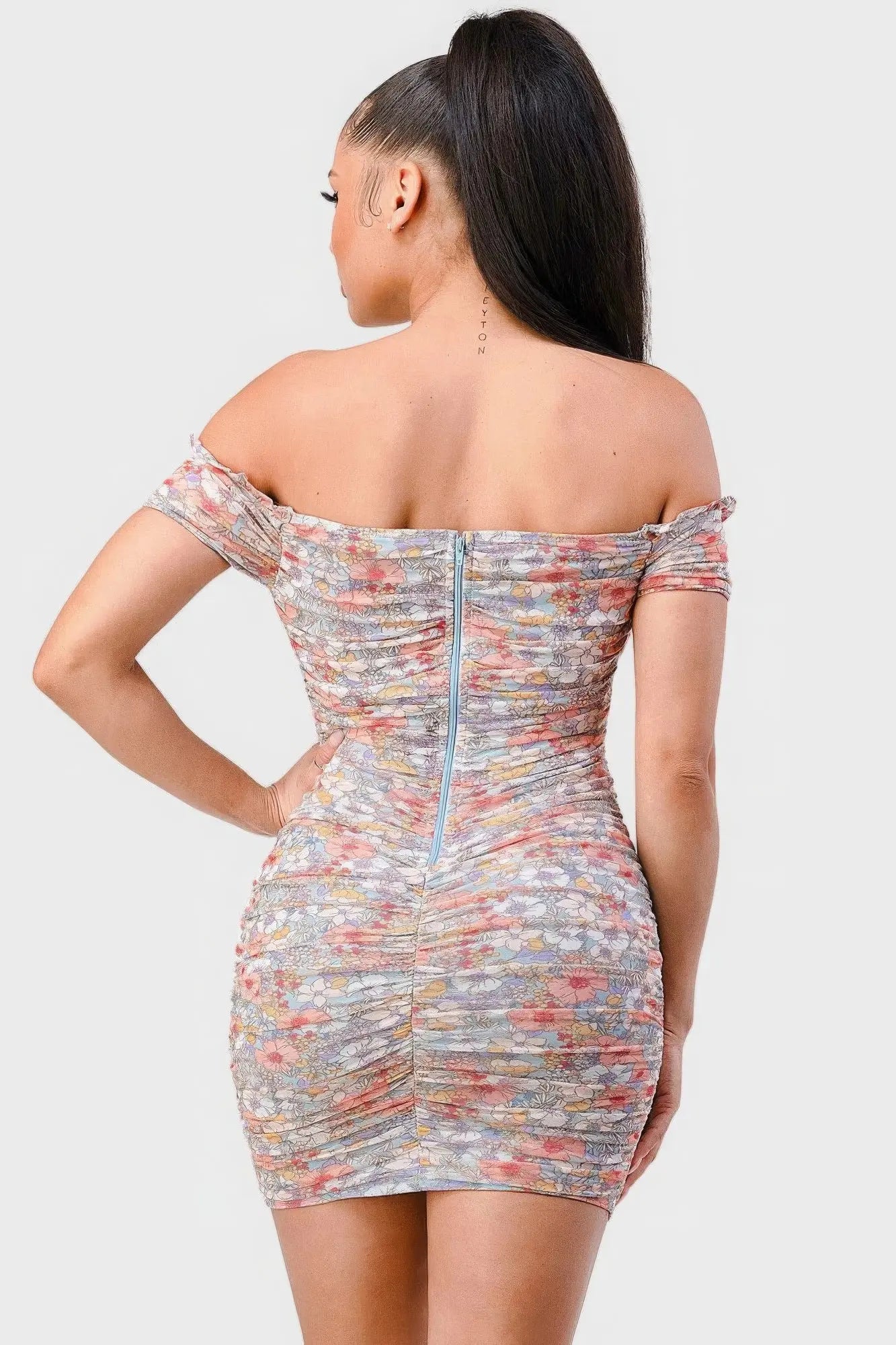 Floral Print Mesh Sweetheart Ruffled Off Shoulder Ruched Mini Dress Blue Zone Planet