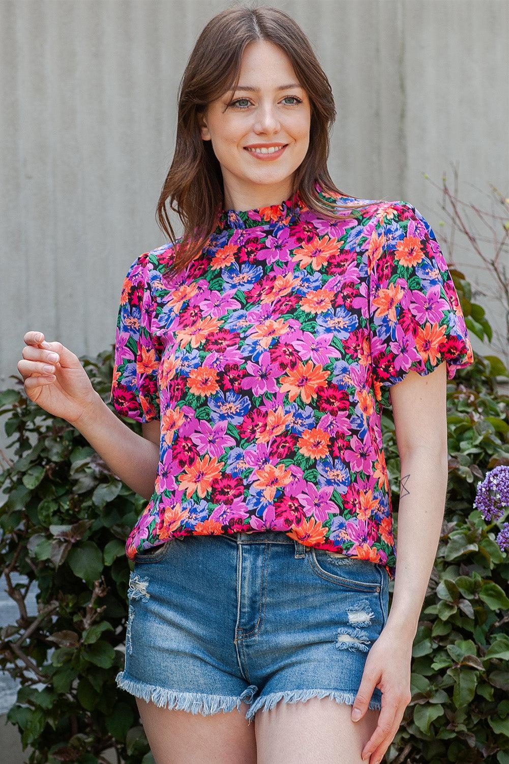 Floral Print Puff Sleeve Round Neck Blouse BLUE ZONE PLANET