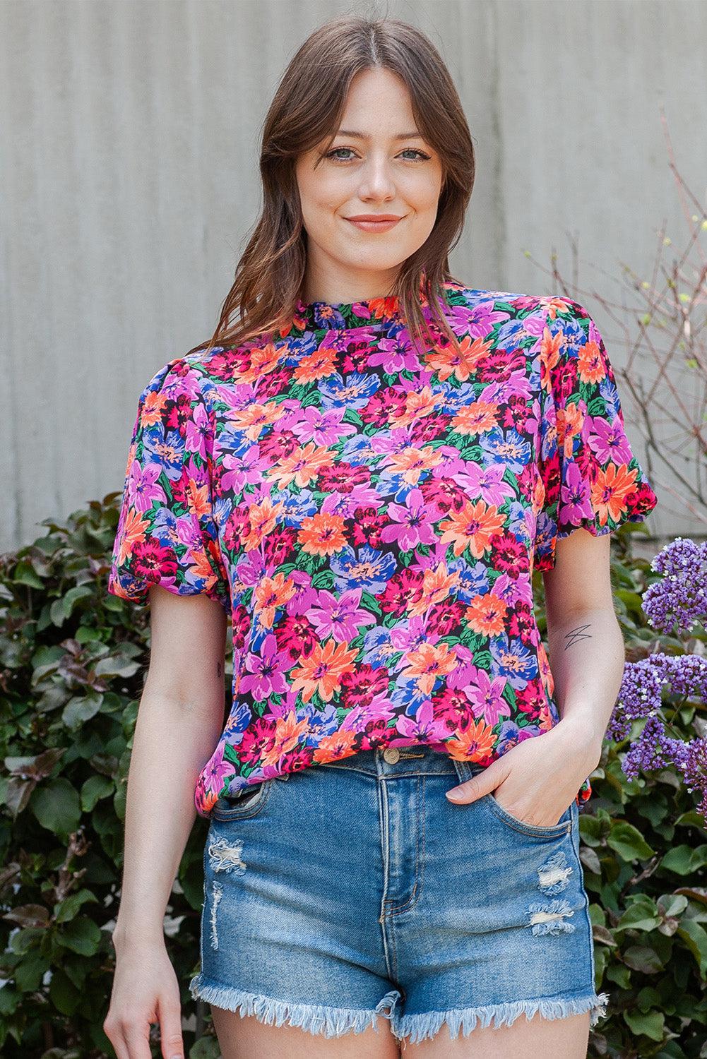 Floral Print Puff Sleeve Round Neck Blouse BLUE ZONE PLANET