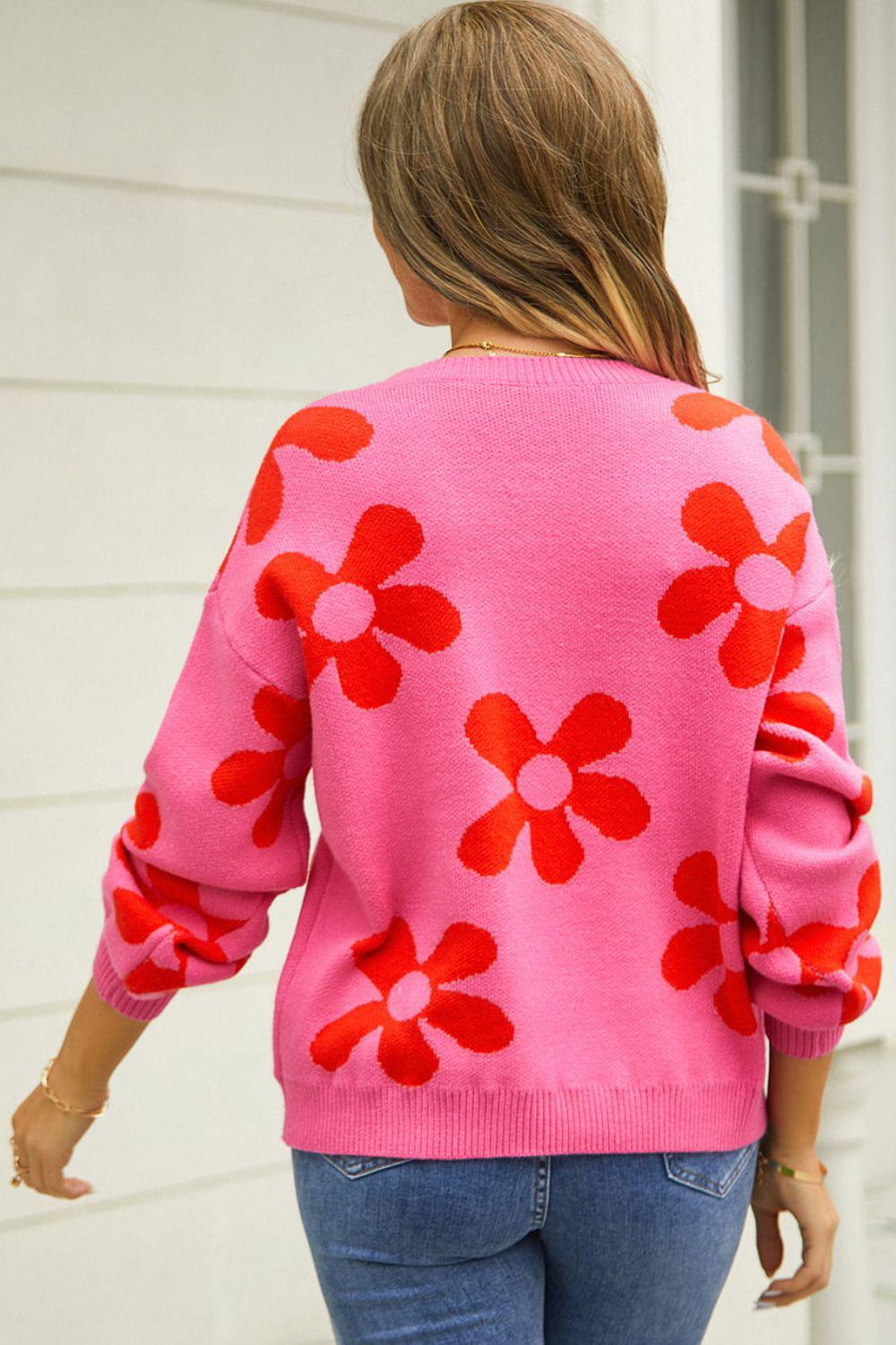 Floral Print Round Neck Dropped Shoulder Pullover Sweater BLUE ZONE PLANET