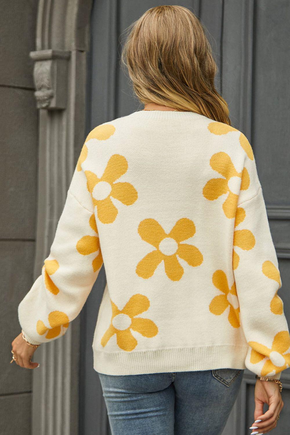 Floral Print Round Neck Dropped Shoulder Pullover Sweater BLUE ZONE PLANET