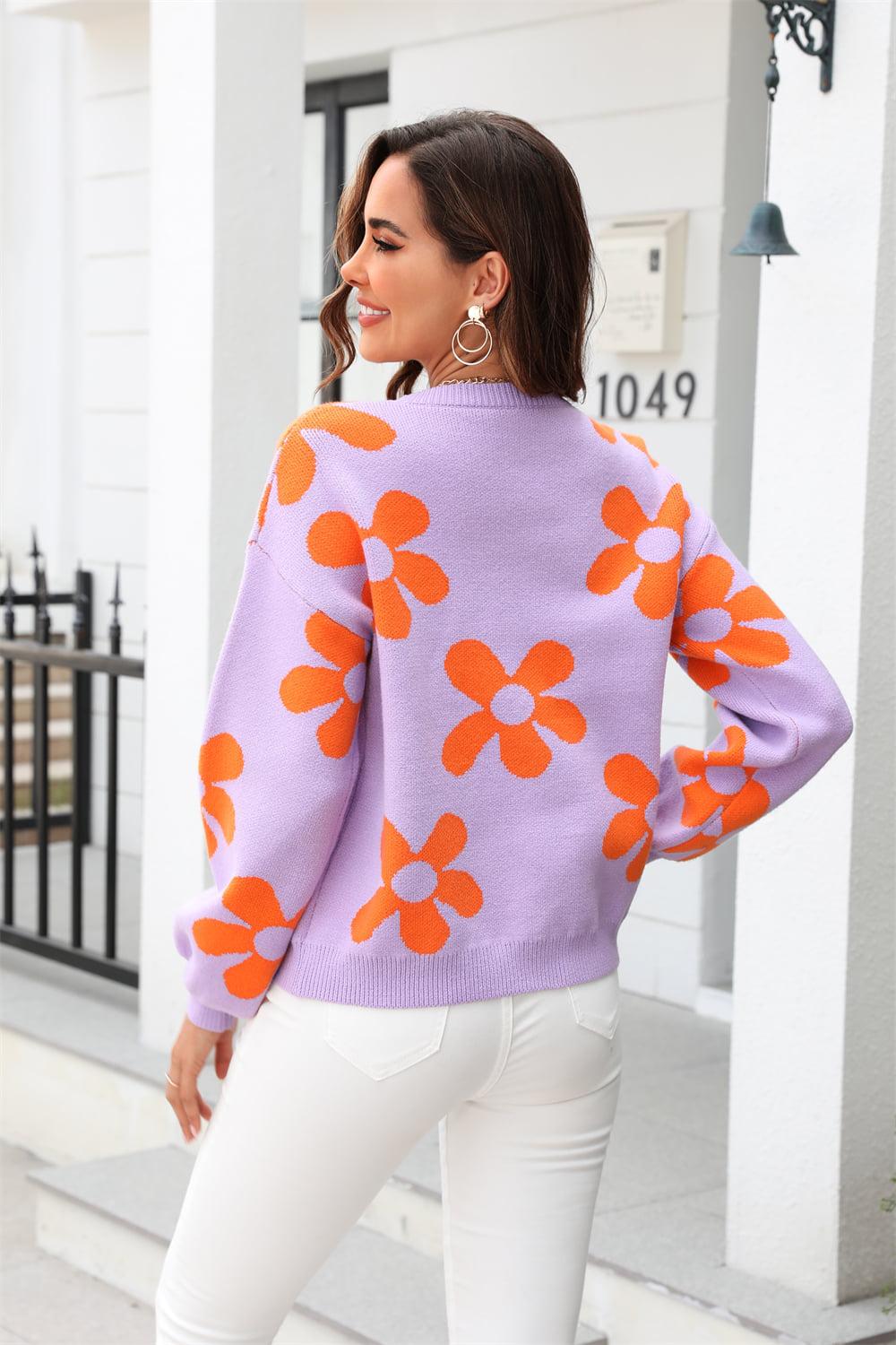 Floral Print Round Neck Dropped Shoulder Pullover Sweater BLUE ZONE PLANET