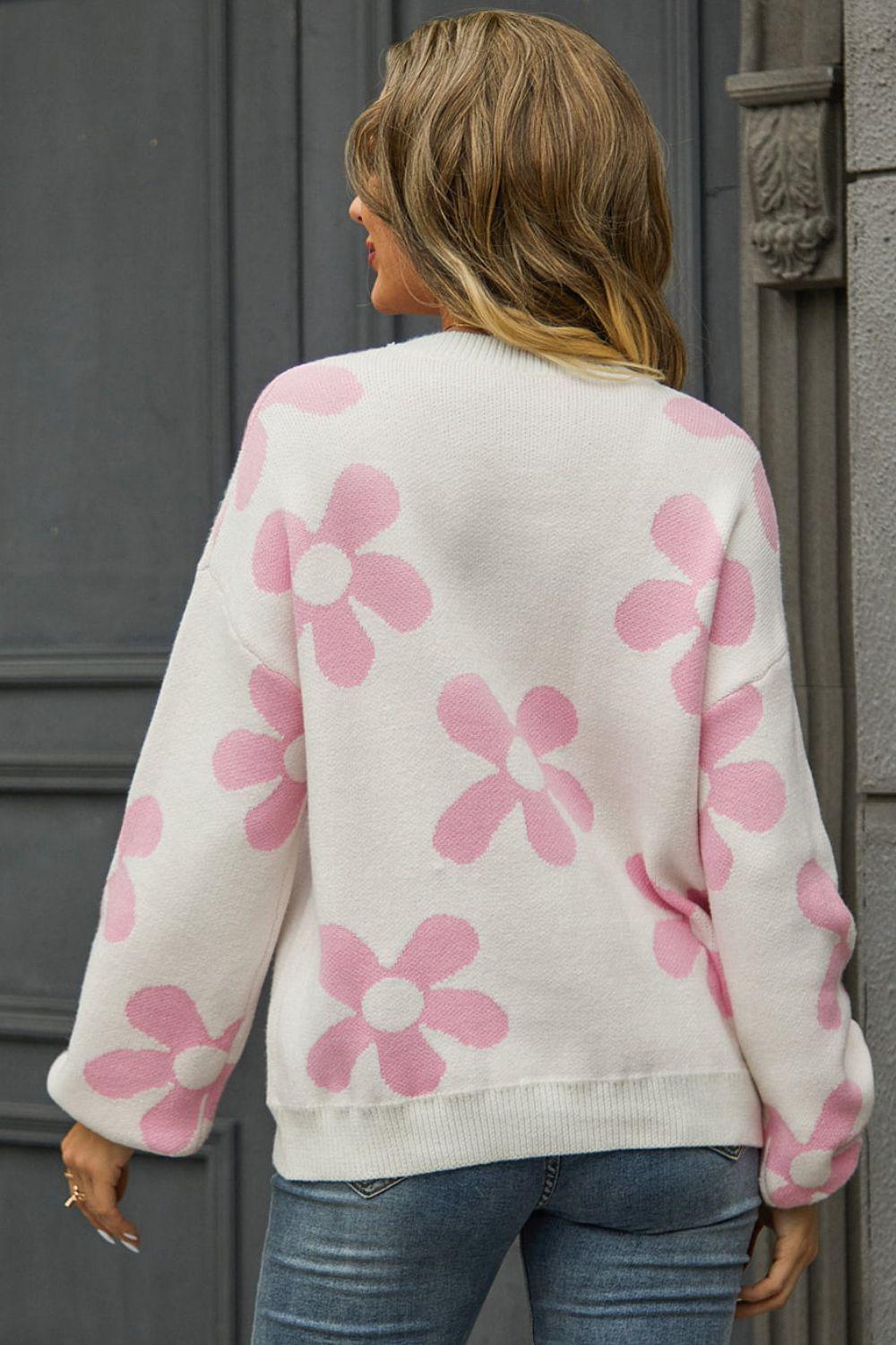 Floral Print Round Neck Dropped Shoulder Pullover Sweater BLUE ZONE PLANET