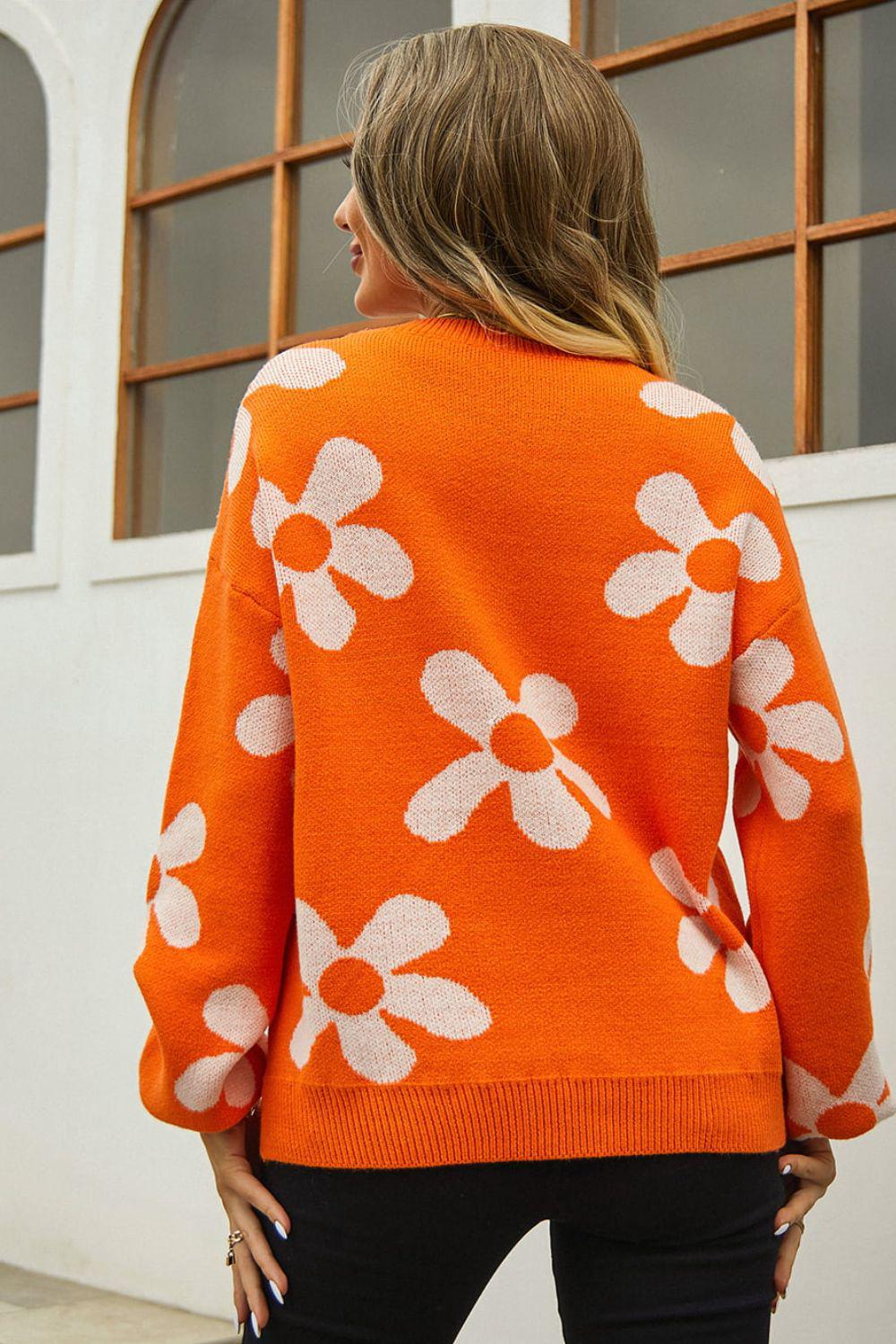 Floral Print Round Neck Dropped Shoulder Pullover Sweater BLUE ZONE PLANET