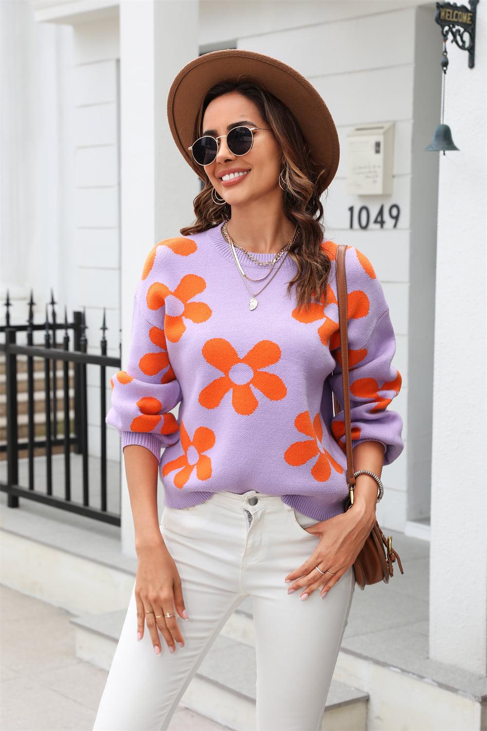 Floral Print Round Neck Dropped Shoulder Pullover Sweater BLUE ZONE PLANET