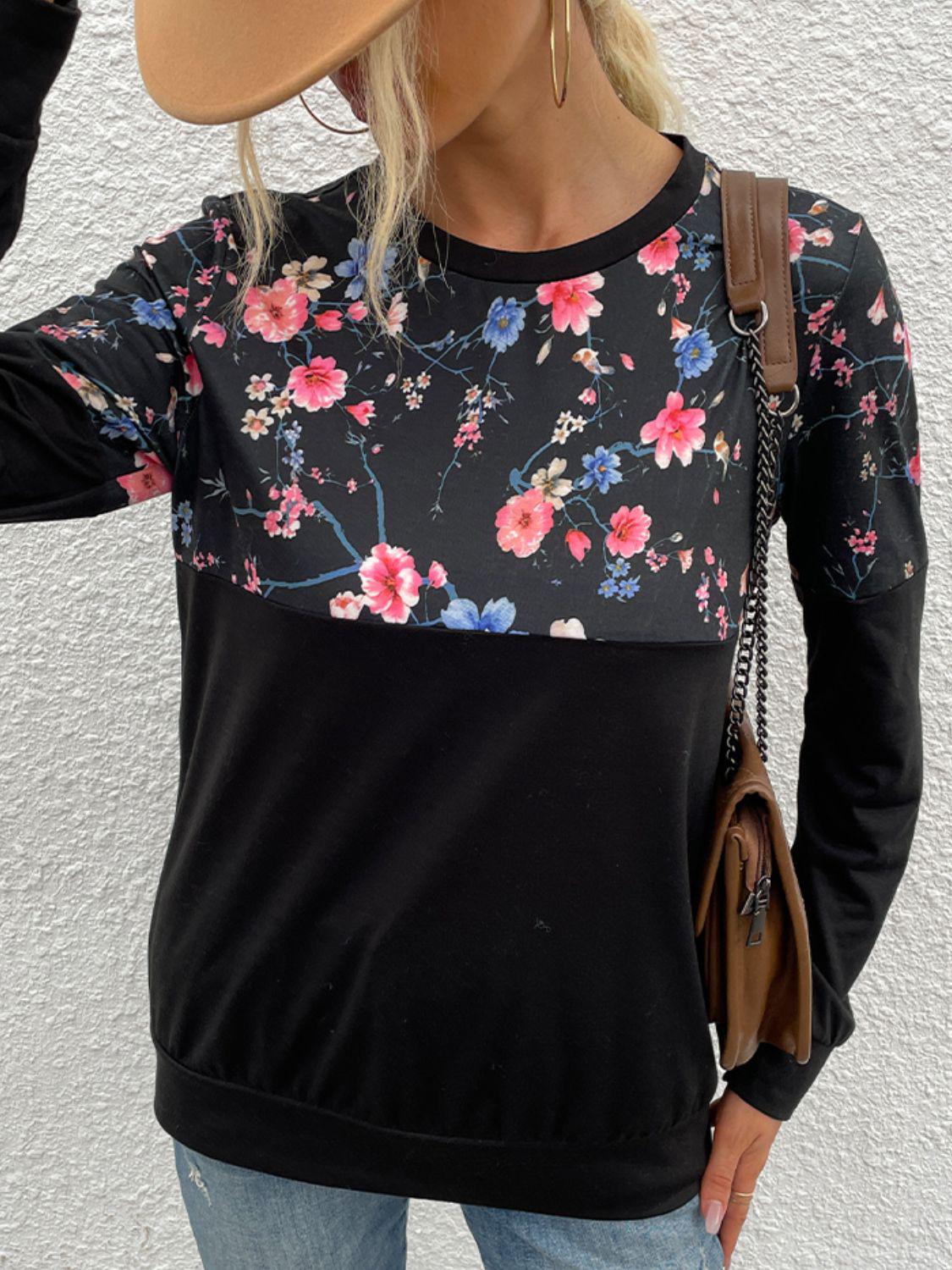 Floral Print Round Neck Dropped Shoulder Tee BLUE ZONE PLANET