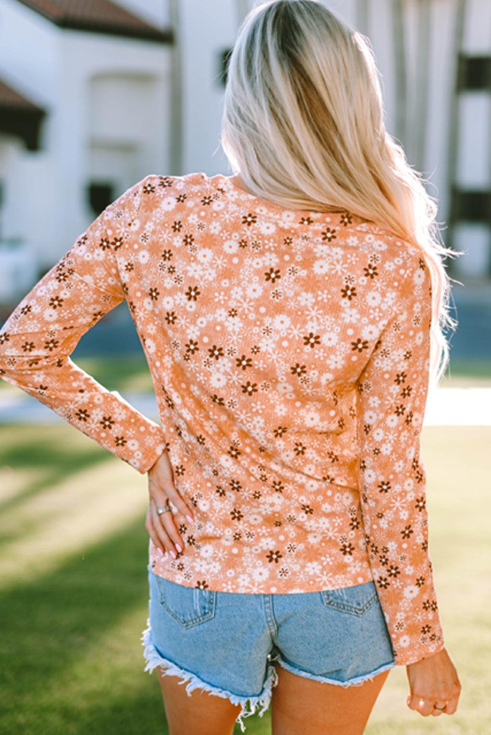 Floral Print Round Neck Long Sleeve Tee BLUE ZONE PLANET