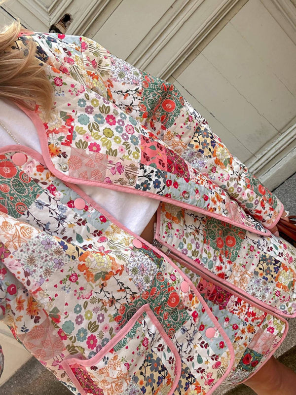 Floral Print Round Neck Thin Coat kakaclo