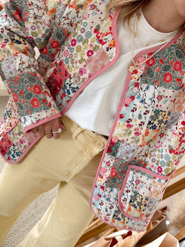 Floral Print Round Neck Thin Coat kakaclo