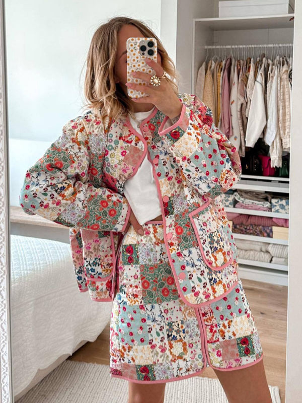 Floral Print Round Neck Thin Coat kakaclo