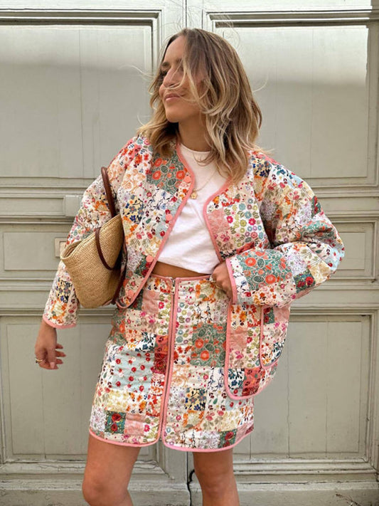 Floral Print Round Neck Thin Coat kakaclo
