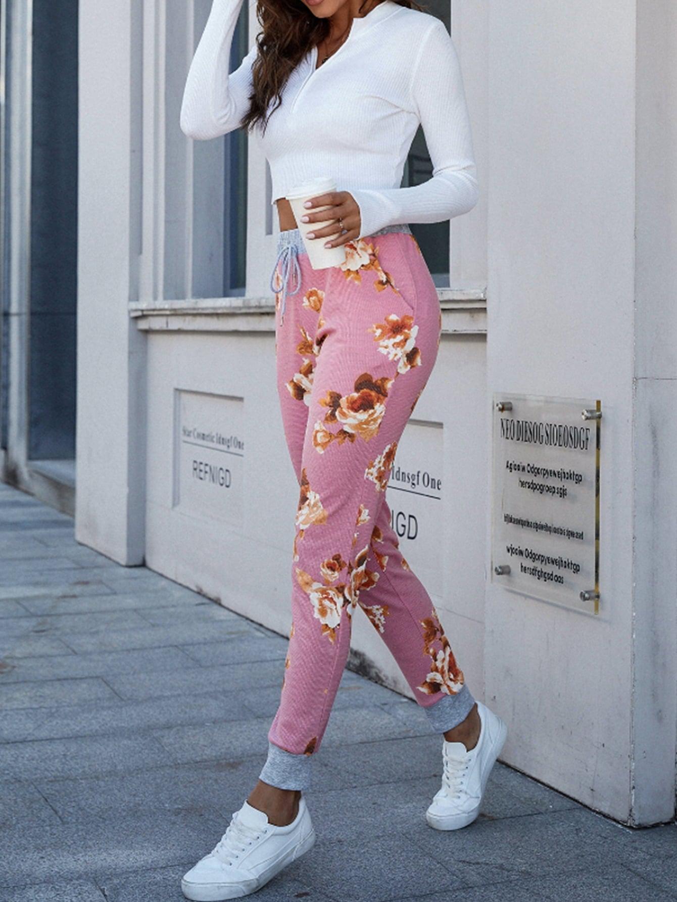 Floral Print Slim Fit Long Pants BLUE ZONE PLANET