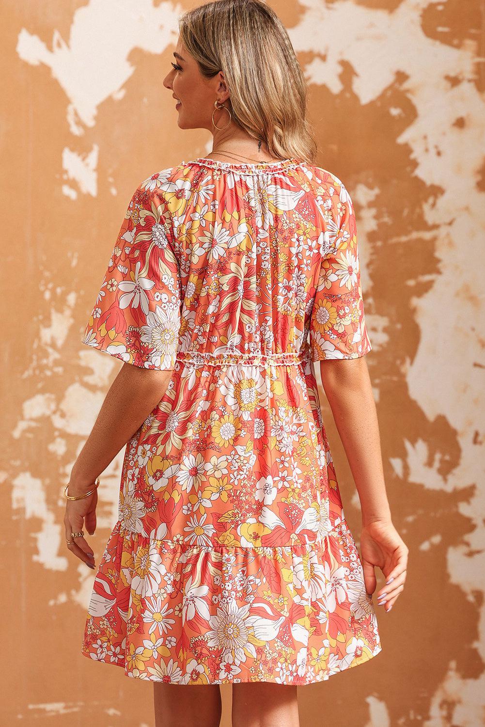 Floral Print V-Neck Short Sleeve Frill Trim Mini Dress BLUE ZONE PLANET