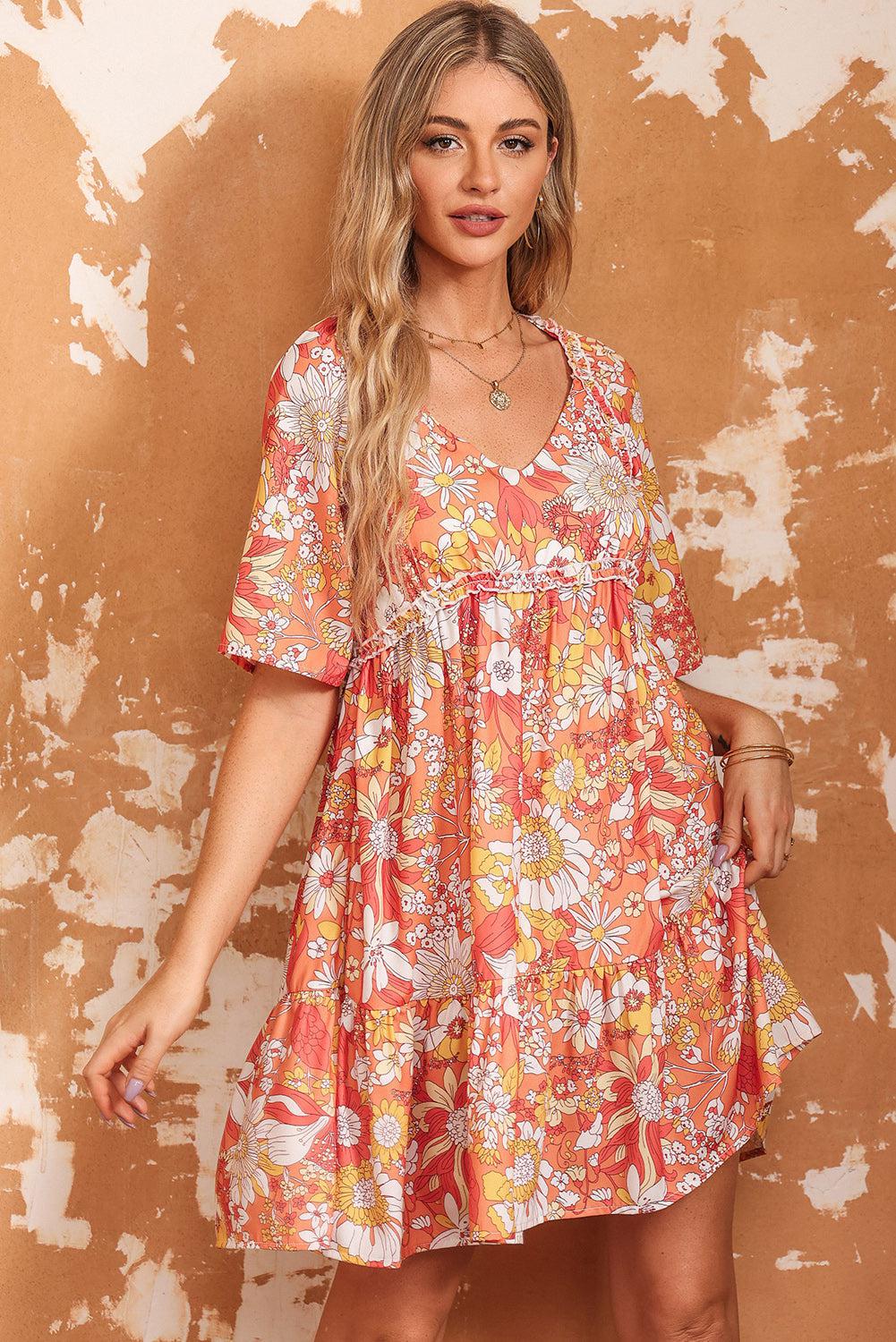 Floral Print V-Neck Short Sleeve Frill Trim Mini Dress BLUE ZONE PLANET