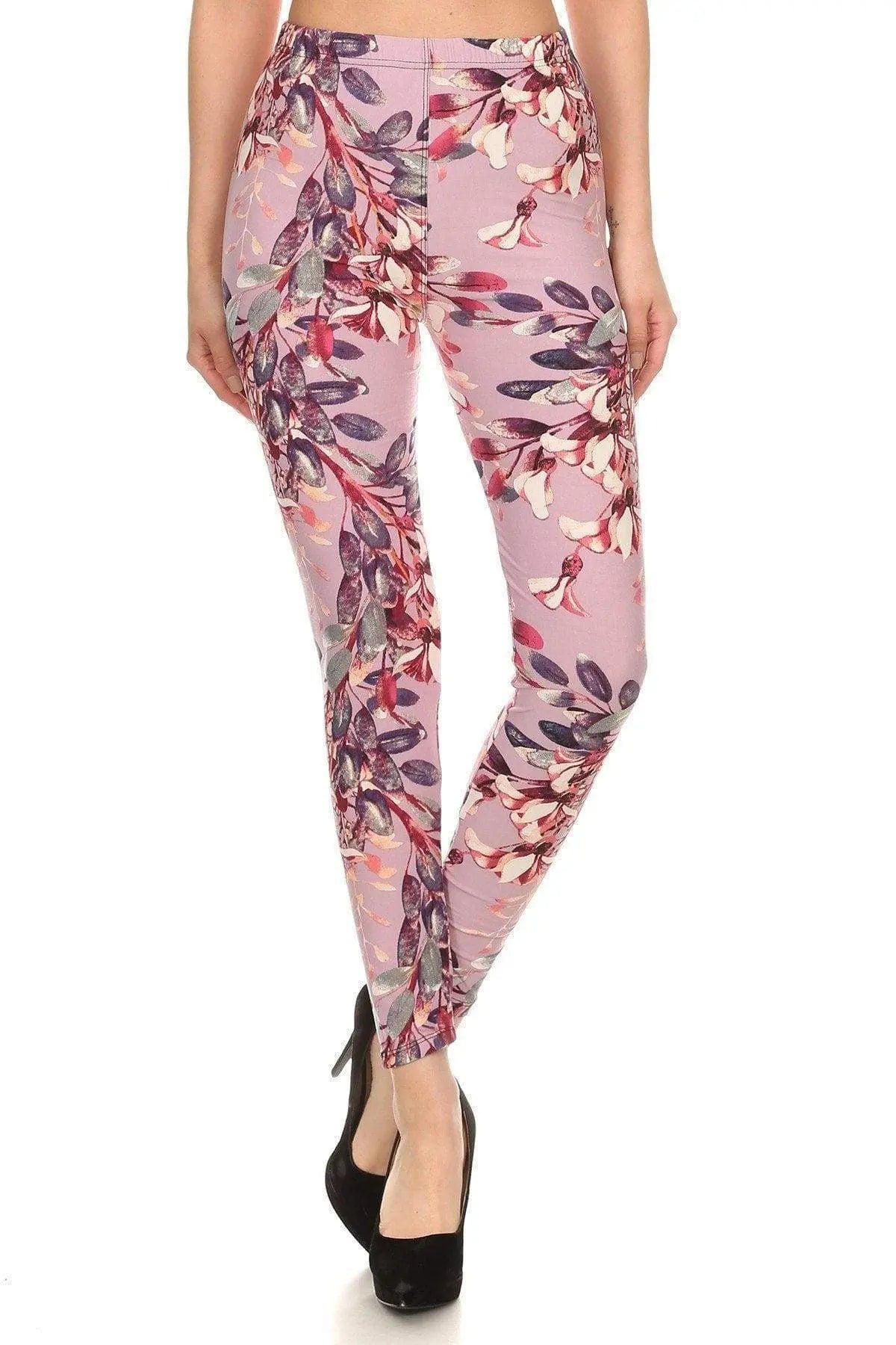 Floral Printed High-Waisted Knit Leggings In Skinny Fit With Elastic Waistband Blue Zone Planet