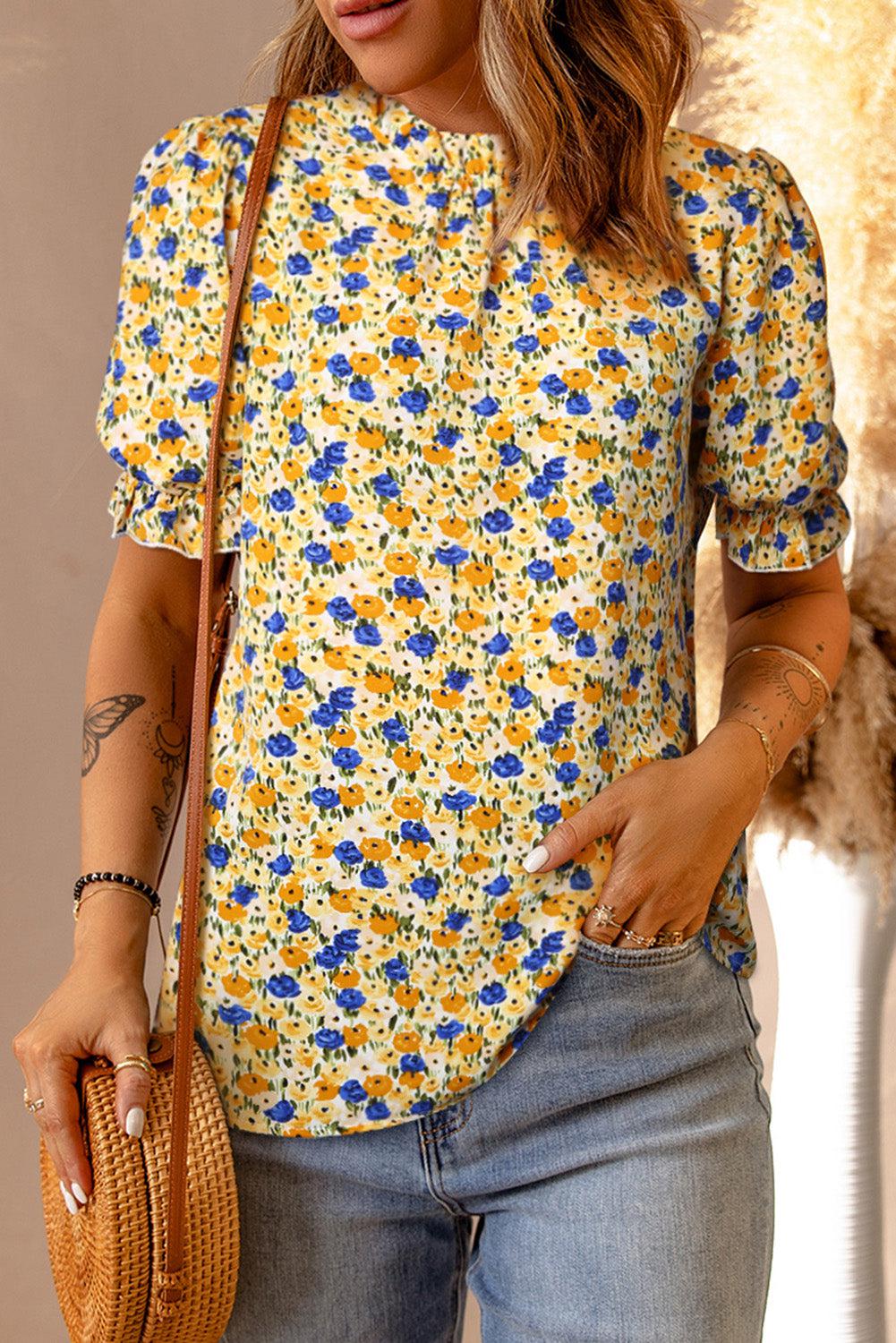 Floral Puff Sleve Keyhole Blouse BLUE ZONE PLANET