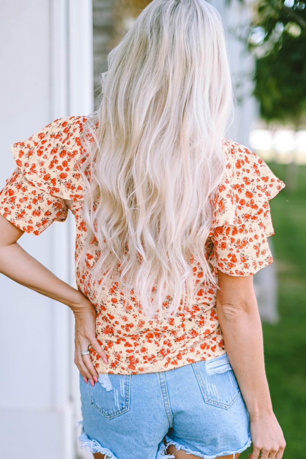 Floral Round Neck Flutter Sleeve Blouse BLUE ZONE PLANET
