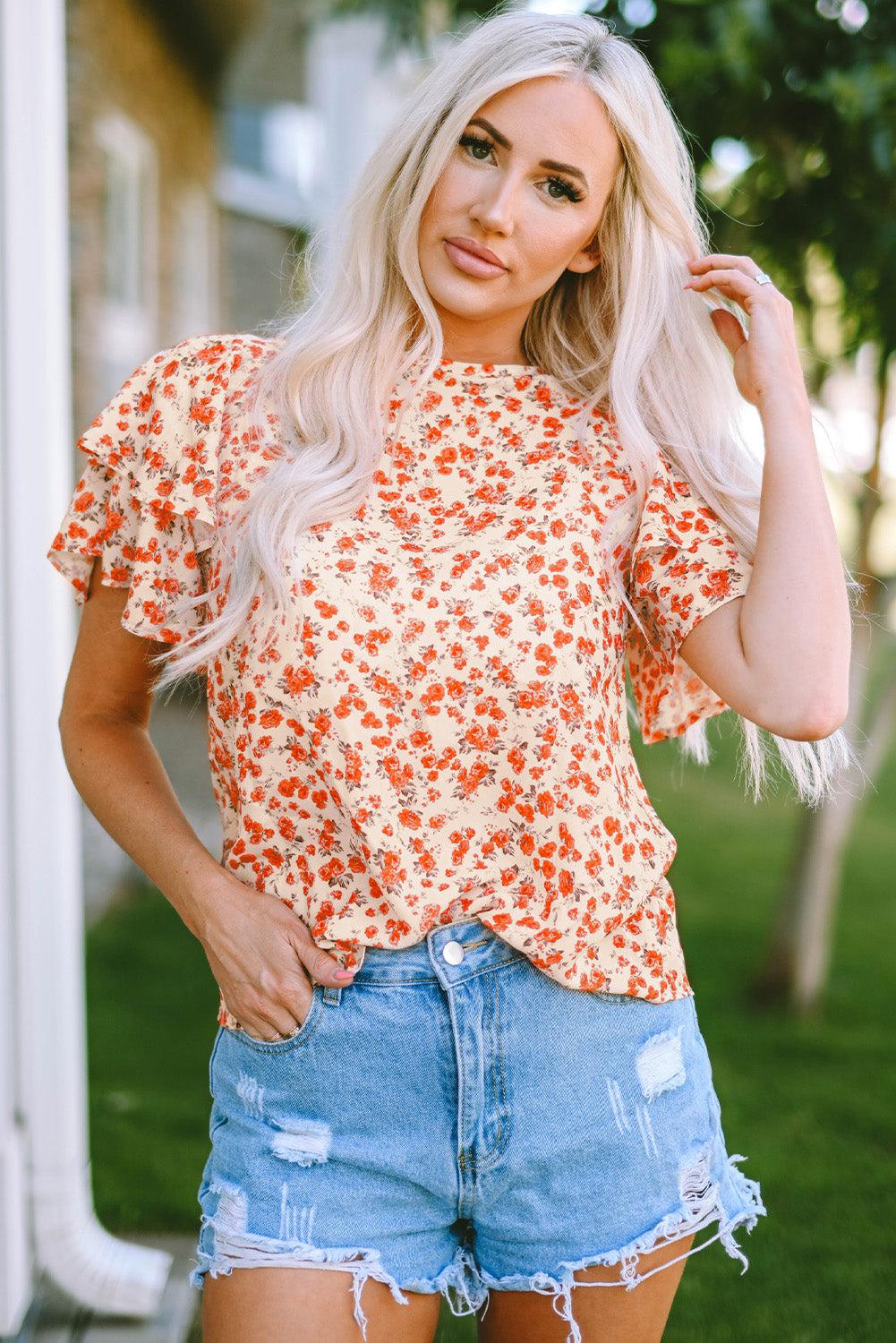 Floral Round Neck Flutter Sleeve Blouse BLUE ZONE PLANET